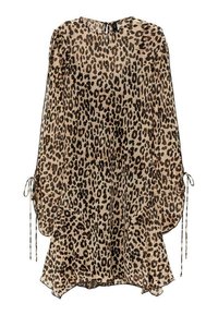 Bluză din chiffon cu imprimeu leopard, cu mâneci lungi, tivuri cu șnur și o siluetă relaxată. Bază de un bej deschis cu pete maro închis.