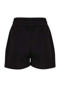 Schwarze Baumwollshorts mit einem elastischen Bund, die ein einfaches Design und eine glatte Textur aufweisen. Keine Taschen oder zusätzlichen Details sichtbar.