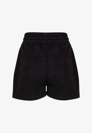 Mustad puuvillased lühikesed püksid elastse vöökohtadega, millel on lihtne disain ja sile tekstuur. Taskut ega lisadetaile pole nähtaval.