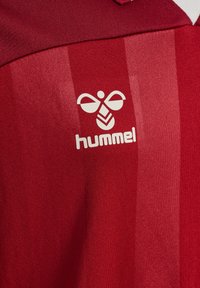 Rotes Sporttrikot mit vertikalen Streifen, aus weichem Stoff gefertigt. Auf der Vorderseite befindet sich ein weißes Drucklogo von "hummel".