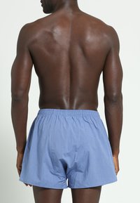 Boxers de rayas azules y blancas con cintura elástica, vistos desde la parte trasera. Tejido suave, construcción ligera.