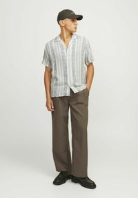 Chemise à manches courtes avec un motif vertical multicolore, associée à un pantalon large marron et des chaussures noires. Casquette noire portée à l'envers.