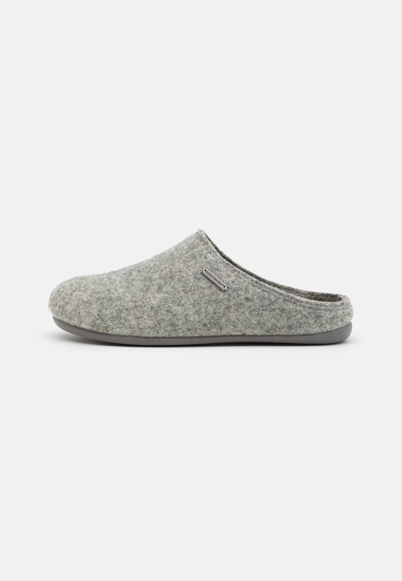 Gray felt slipper with a closed back, rounded toe, and a soft texture. Features a gray rubber sole and a small brand tag on the side.
