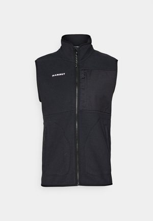 Zwarte mouwloze vest met hoge kraag, rits aan de voorkant en subtiele textuurstof. Voorzien van zijzakken en een merklogo op de borst.
