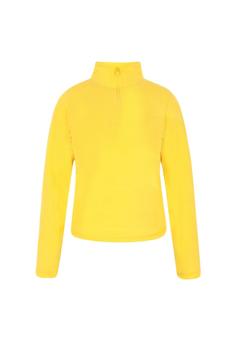 Pullover in pile giallo con colletto alto, zip frontale e maniche lunghe. Tessuto liscio, vestibilità comoda e colore uniforme senza fantasie.