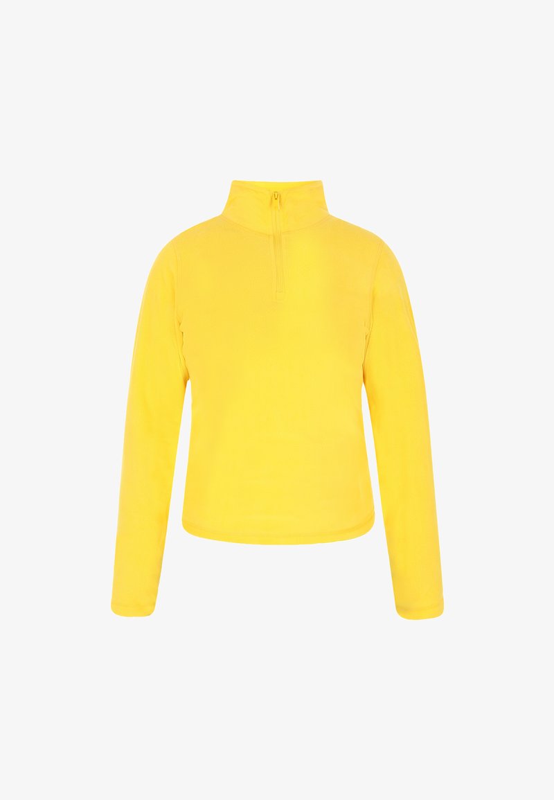 Gul fleece pullover med høj krave, frontlynlås og lange ærmer. Glat tekstur, afslappet pasform og ensfarvet uden mønstre.