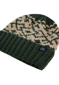 Berretto a maglia verde scuro e beige con motivo geometrico e risvolto a coste, dotato di un piccolo etichetta con il logo "Protest".