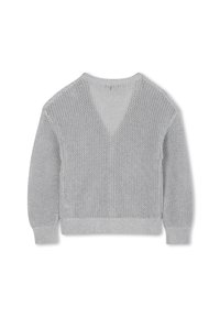 Pull en maille gris clair avec un design en tissage ouvert, col en V et bords côtelés. Possède des manches longues et une coupe ample.