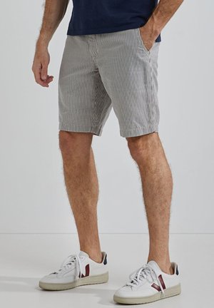 Heren gestreepte shorts in marineblauw en wit, gemaakt van lichtgewicht stof. Gecombineerd met witte sneakers met rode en marineblauwe accenten.