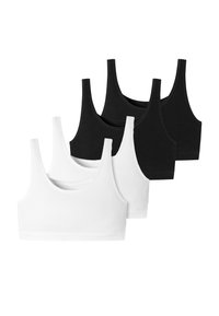 Set aus vier sportlichen Crop Tops mit Racerback, zwei in Weiß und zwei in Schwarz, aus einem Baumwollmix mit glatter Textur und elastischem Unterband für zusätzlichen Komfort.