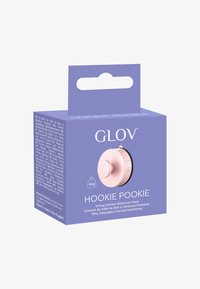 Gancio da bagno con forte aspirazione in rosa e nero. L'imballaggio presenta uno sfondo viola con il nome del prodotto e i dettagli sull'uso in testo bianco.