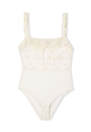 Body in pizzo color crema con sottili spalline arricciate, ricami floreali sul corpetto e un piccolo fiocco di nastro al centro davanti.