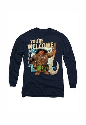Navy long-sleeve shirt featuring a graphic of a character with dark hair and tattoos, holding a large hook, with the text "YOU'RE WELCOME."