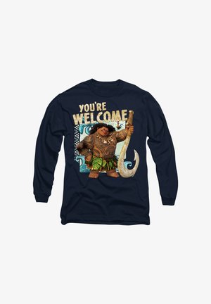 Marineblaues Langarmshirt mit einer Grafik eines Charakters mit dunklem Haar und Tätowierungen, der einen großen Haken hält, mit dem Text "BITTE SEHR."