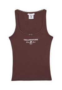 Hnědý bavlněný tílko s zaobleným výstřihem, krajkovým lemem a bílým grafickým potiskem "YELLOWSTONE Dutton Ranch". Měkká textura a přiléhavý design.