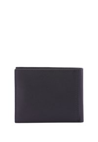 Portafoglio nero in pelle con una superficie liscia, design pieghevole e bordi cuciti. Presenta diversi scomparti per carte e un compartimento per contanti.