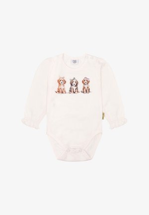 Weißes Babybodysuit mit langen Ärmeln und Druckknöpfen, das eine Illustration von drei Welpen mit Schleifen auf ihren Köpfen zeigt. Weiche Stofftextur.