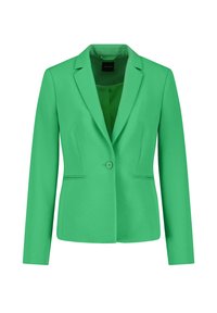 Grüner maßgeschneiderter Blazer mit einem einzelnen Knopfverschluss, strukturierten Schultern, aufschlagbaren Revers und vorderen Paspeltaschen aus einem glatten, strukturierten Stoff.