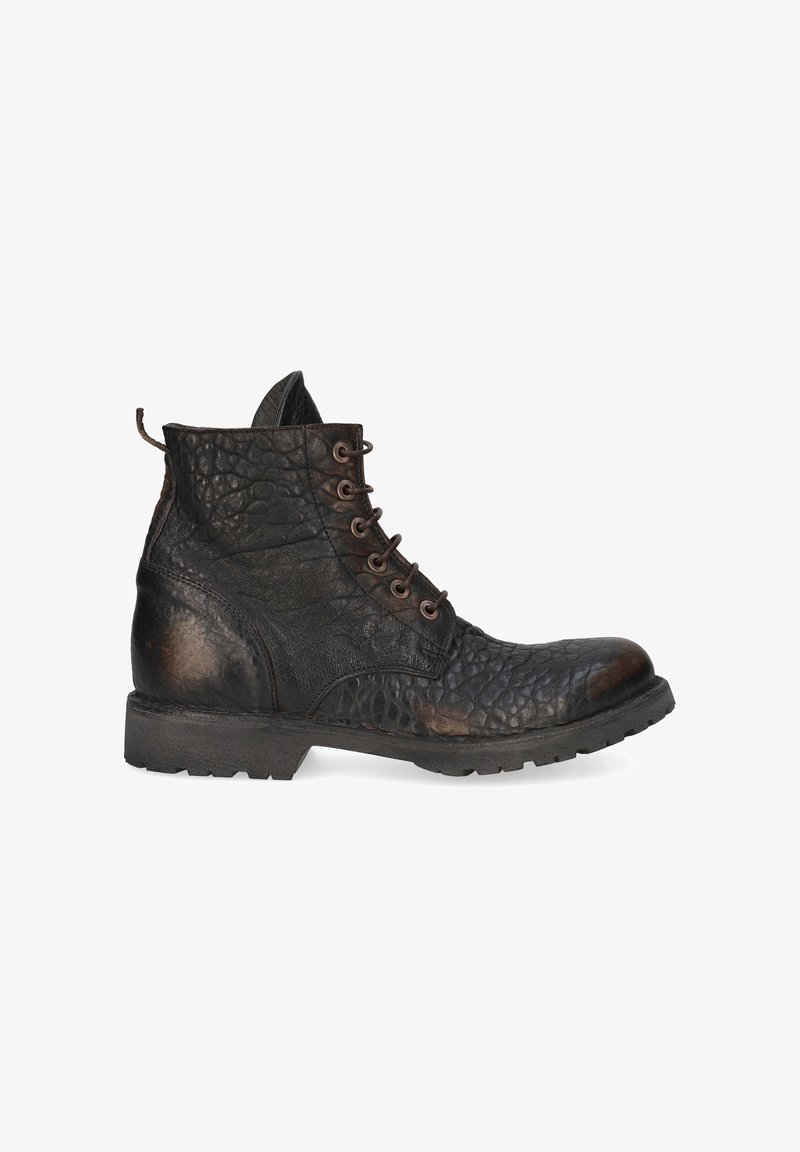 Schwarze Leder-Ankle Boots mit strukturierten Oberflächen, runder Zehenform, Gummisohle und sieben Ösen. Mit einem Zugschlaufen an der Rückseite.