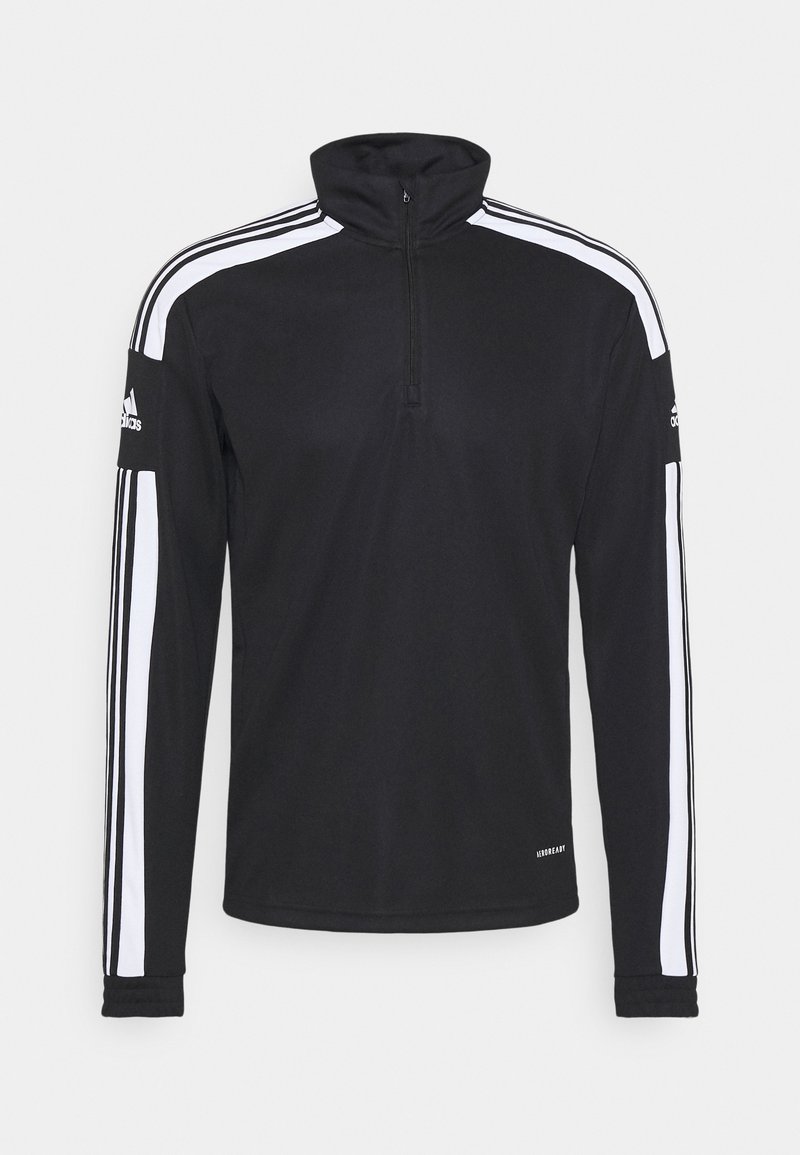 Black long-sleeve pullover top with a zip neck, featuring white side stripes and an embroidered logo on the sleeve. Made from a smooth, stretchy fabric.
