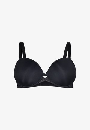 Čierny podprsenka s drôtikmi a hladkými, tvarovanými pohármi. Obsahuje nastaviteľné ramienka a stredný akcent s výrezovým dizajnom. Mäkká textúra látky.