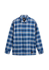 Sininen ja valkoinen ruutupaita, jossa on kaulus, vetoketjusuljenta, kaksi sivutaskua ja Vans-logo-ommel helman lähellä.