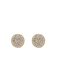 Boucles d'oreilles en métal doré de forme arrondie. Surface recouverte de petites pierres scintillantes, créant un effet texturé et scintillant.
