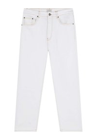 Pantalones de denim blanco con costuras en naranja contrastantes, cinco bolsillos, pierna recta y cierre de botón en la cinturilla.