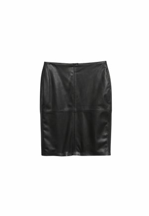 Schwarzer knielanger Bleistiftrock aus Kunstleder mit sichtbaren horizontalen und vertikalen Nahtdetails, geradem Saum und Reißverschluss hinten.