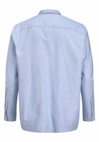 Camisa de manga larga azul claro con cuello abotonado, yugo trasero, y puños detallados con botones. Textura suave y corte clásico.