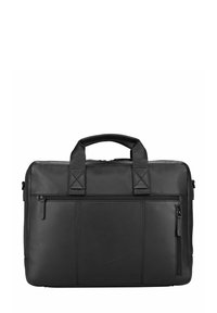 Schwarze Laptop-Tasche aus Leder mit zwei oberen Griffen, einer vorderen Reißverschlusstasche und dezenten Nahtdetails. Rechteckige Form mit glatter Textur.