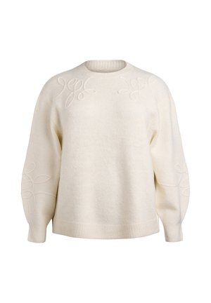 Krämfärgad tröja med mjuk textur, utrustad med broderade blommönster på axlarna och ärmarna, samt ribbad nederkant och muddar.