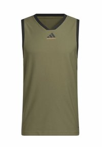 Oliivinvihreä hihaton koripallopaita, jossa on V-kaula-aukko, musta reunus kaula-aukon ja käsivarsireikien ympärillä, sekä oranssi logo rinnassa.