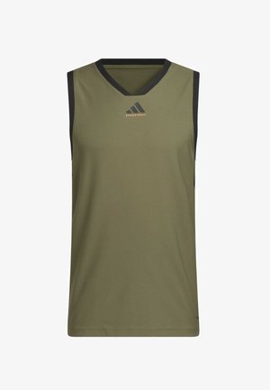 Olivgrünes ärmelloses Basketballtrikot mit V-Ausschnitt, schwarzem Besatz am Kragen und den Armlöchern sowie einem orangefarbenen Logo auf der Brust.