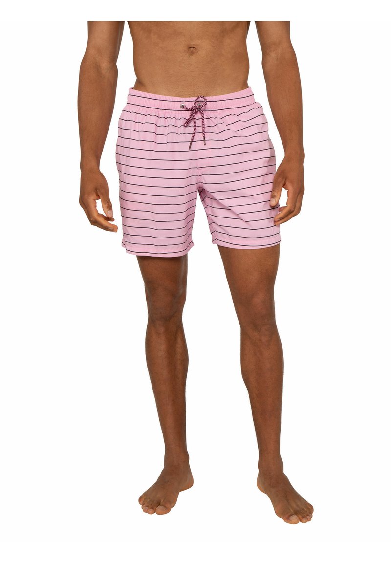 Roze zwemshorts met horizontale zwarte strepen, een elastische tailleband en een trekkoord. Lichtgewicht materiaal met een gladde textuur.