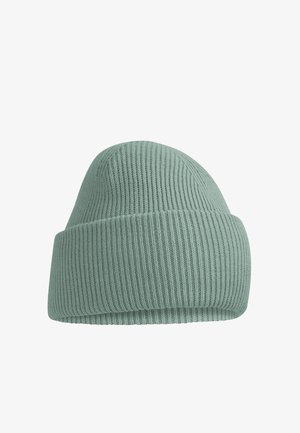 Hellgrüne, gerippte Strickmütze mit umgeschlagenem Bündchen, aufrecht stehend vor weißem Hintergrund gezeigt.