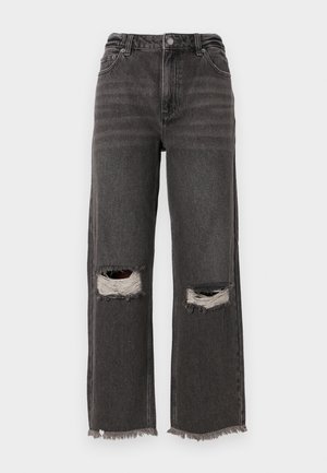 Højtaljede, brede jeans i mørk grå denim med frynset kant og slidte knæ, der har en subtil falmning og klassisk fem-lomme design.