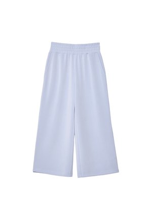 Pantaloni cropped a gamba larga di colore azzurro chiaro con vita elasticizzata e tasche laterali, mostrati su uno sfondo bianco semplice.