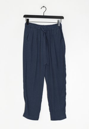 Marineblauwe broek met kleine witte stippen, lichtgewicht stof, elastische tailleband, trekkoordsluiting en taps toelopende enkelboord.