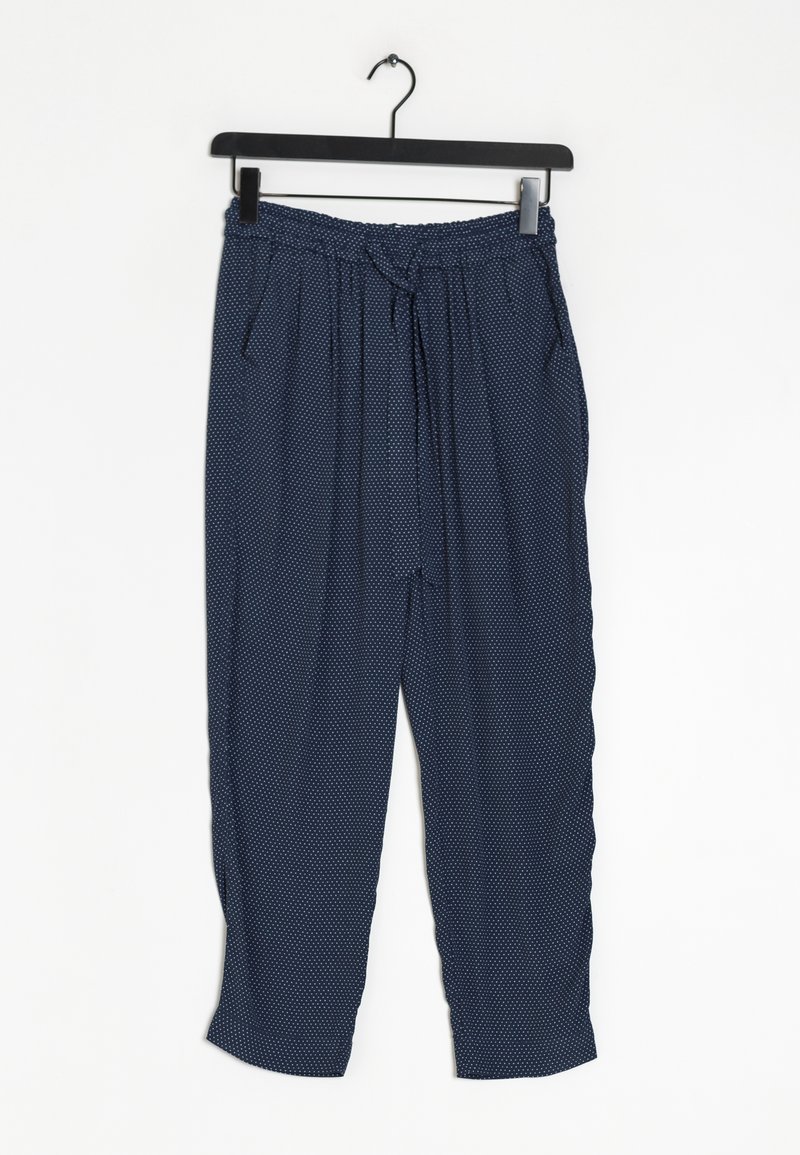 Marinblå byxor med små vita prickar, lättviktig tyg, elastisk midja, snörning i midjan och avsmalnande ankelsöm.