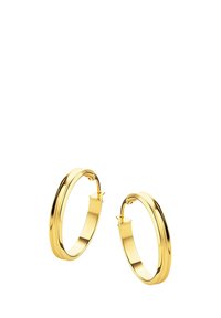 Goldene Creolen mit einer glatten, polierten Oberfläche. Rundform, mittlere Dicke, mit einem sicheren Verschluss. Einfaches und klassisches Design.