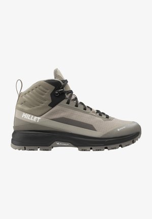 Hiking shoe in gray and black tones, made of textured material with a high ankle, reinforced toe, and Michelin traction outsole. Features logo branding.