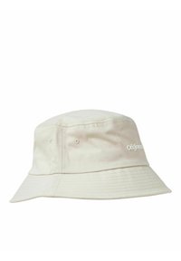 Light beige bucket hat made of fabric with a soft texture. Features a stitched brim and embroidered logo on the front.