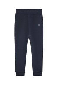 Donkerblauwe sweatpants van zachte stof met een elastische tailleband, tapered boorden en zijzakken. Heeft een klein logo aan de voorkant.