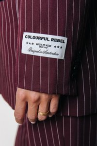 Bordeaux pruhovaná sako s bílou nálepkou s nápisem "Colourful Rebel", obsahující text a grafické prvky. Ruka drží zlatý prsten.