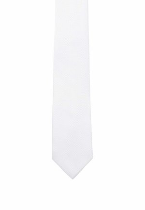 White necktie featuring a textured pattern, with a slim, pointed design. Made from a smooth, woven fabric. Length and width are standard.