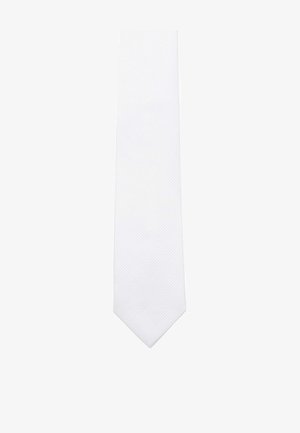 White necktie featuring a textured pattern, with a slim, pointed design. Made from a smooth, woven fabric. Length and width are standard.