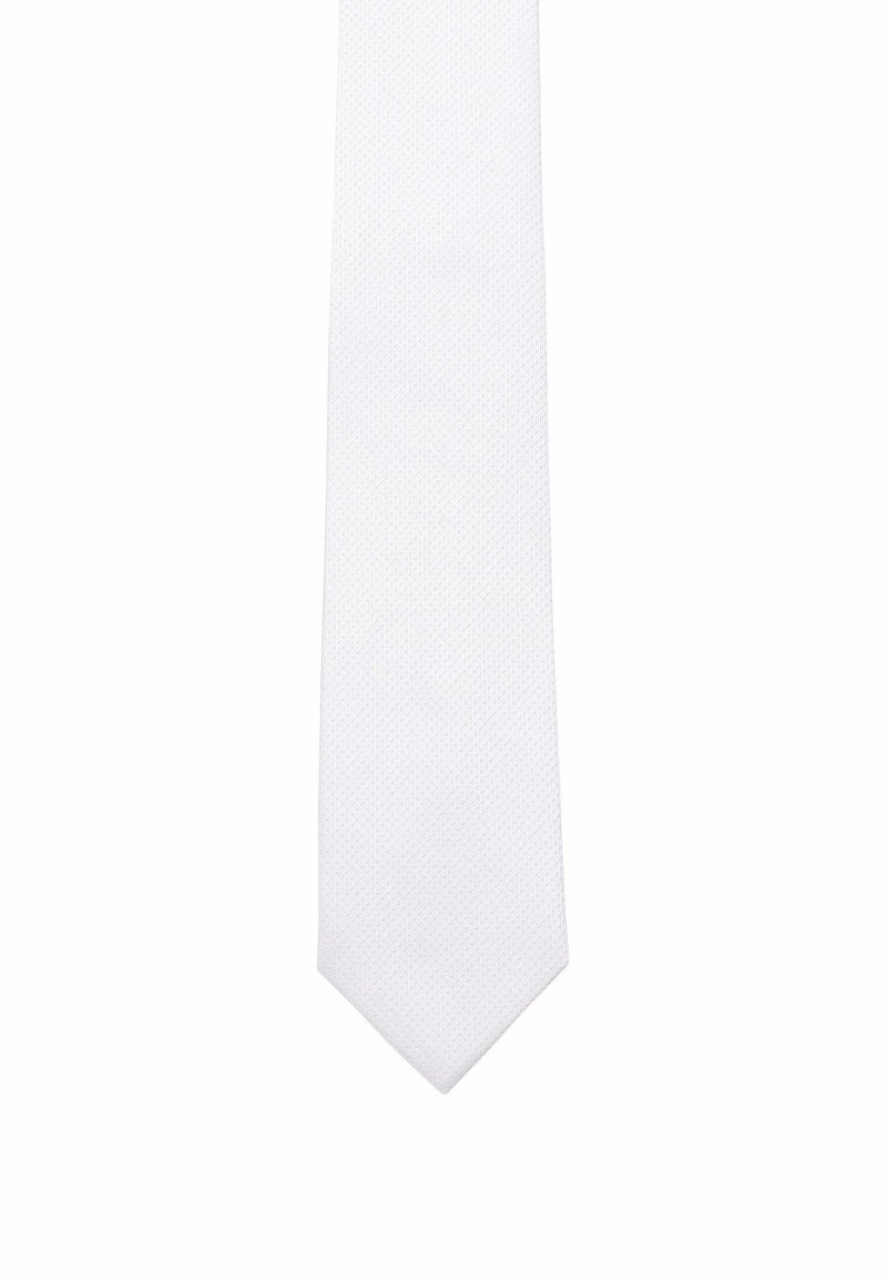Weiße Krawatte mit strukturiertem Muster, schlankem, spitzem Design. Hergestellt aus einem glatten, gewebten Stoff. Länge und Breite sind standardmäßig.
