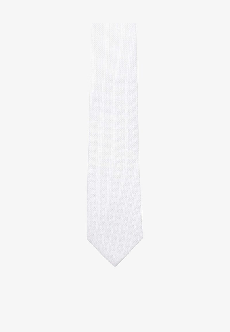 Weiße Krawatte mit strukturiertem Muster, schlankem, spitzem Design. Hergestellt aus einem glatten, gewebten Stoff. Länge und Breite sind standardmäßig.