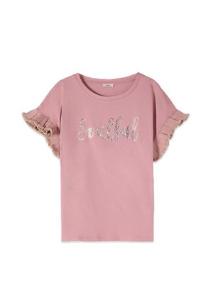Roze shirt met korte mouwen met gerimpelde mouwranden en "Soulful" geschreven op de borst in zilveren pailletten.